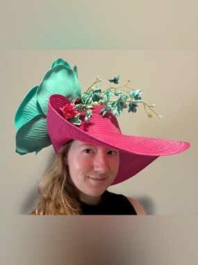 Pink & Teal Derby Hat Fuchsia Feather Aqua & Magenta Pink Floral Details 18”Brim